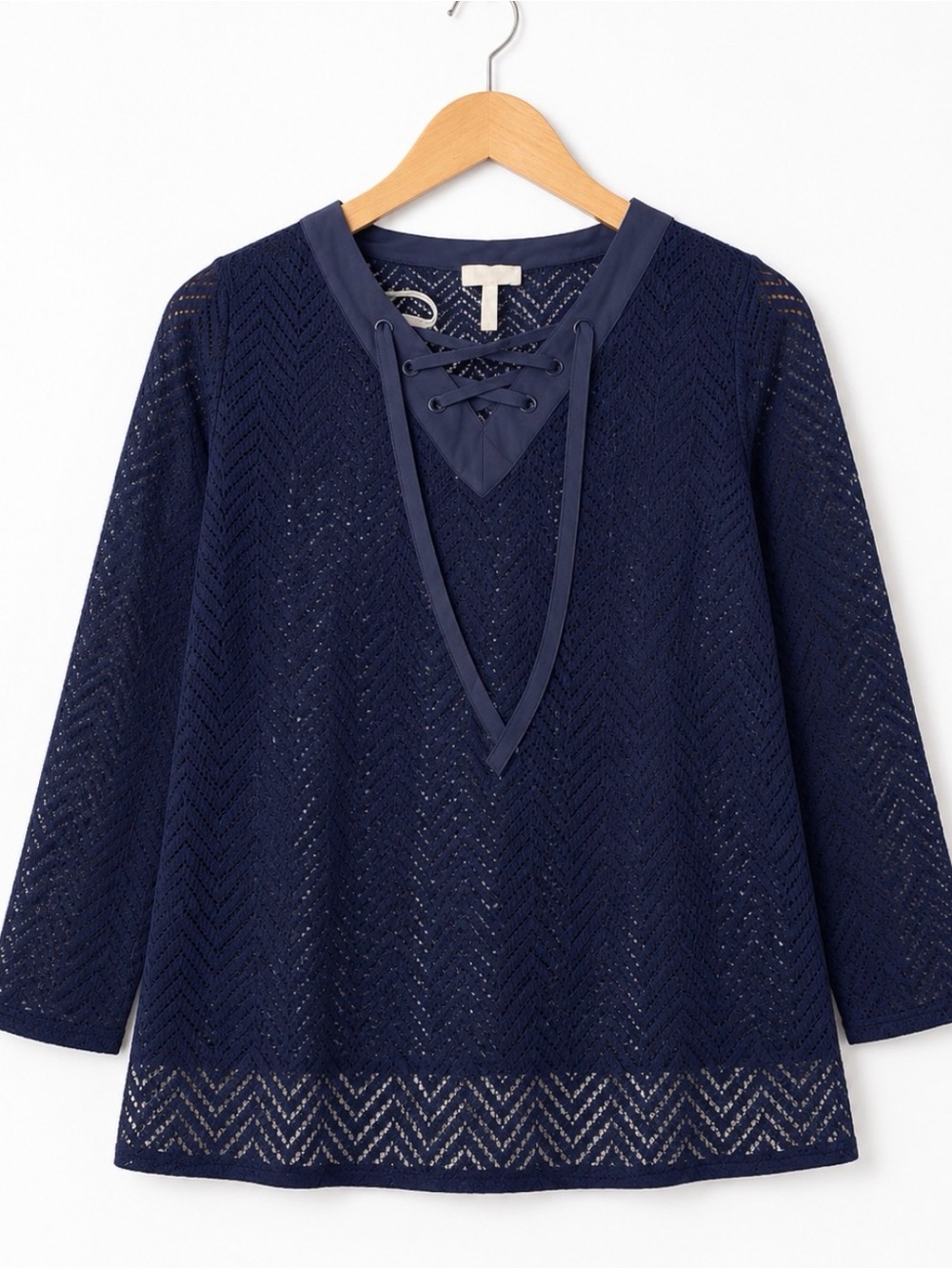 Laundry by Shelli Segal Navy Chevron Crochet Lace-Up Blouse Size Medium